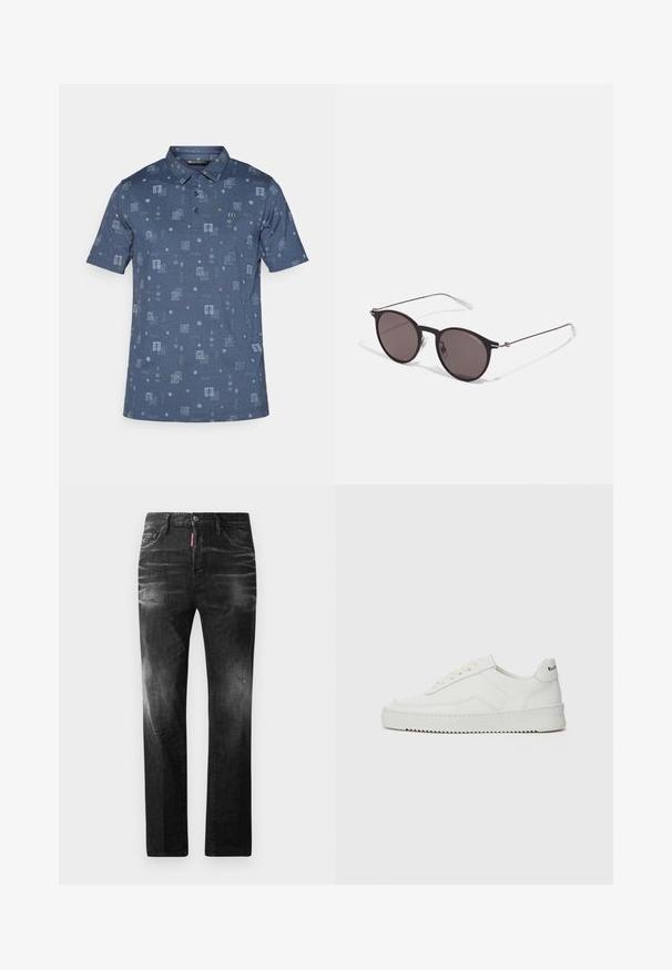 Polo a maniche corte di colore blu scuro, con un motivo testurizzato di quadrati e forme geometriche in blu chiaro e dettagli in corallo.; Jeans in denim nero con vestibilità dritta. Presentano aree sbiadite, leggeri segni di usura, classico design a cinque tasche e chiusura con bottone.; Sneaker in pelle bianca con una finitura liscia, punta rotonda, lacci piatti e suola testurizzata. Presenta un logo discreto sul tallone.; Occhiali da sole neri rotondi con lenti scure e sottili bracci in metallo. Include punte trasparenti e accenti argentati alla cerniera. Design minimalista.