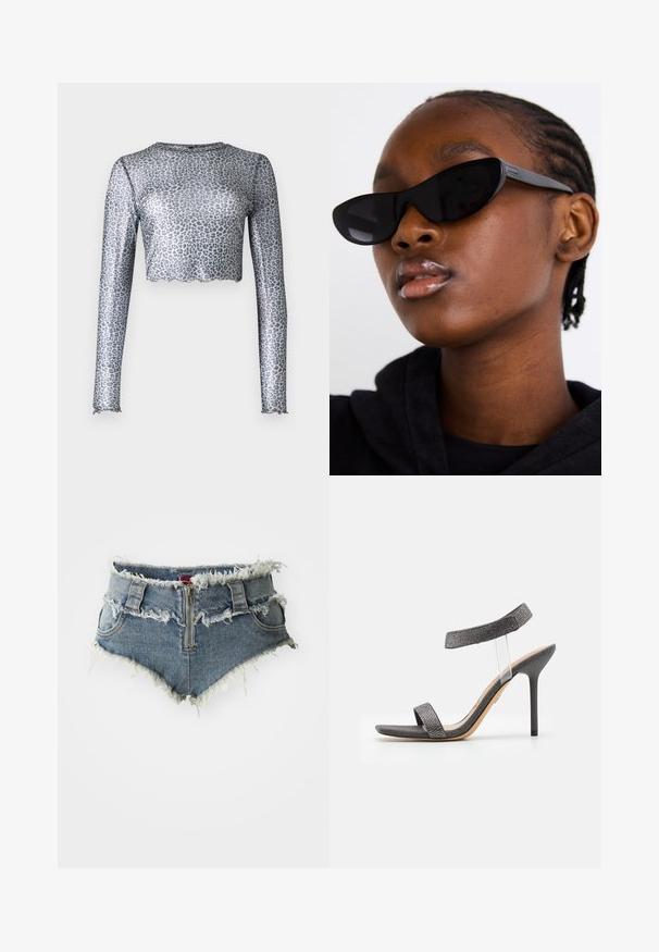 Silver mesh long-sleeve top with a cropped hem, featuring a leopard print pattern and scalloped edges at the cuffs and bottom.; Denim shorts with frayed hem, high waist, zip front closure, and two front pockets. Material is a faded blue denim with distressed details.; Black heeled sandal with a transparent strap, textured upper, and slim stiletto heel. Features a wide front band and shimmery accents.; Black cat-eye sunglasses with a matte finish, featuring a sleek design and gently curved edges, set against a model's dark clothing.