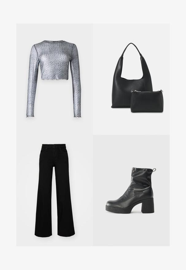Strieborný sieťovaný top s dlhými rukávmi a skráteným lemom, s leopardím vzorom a zúbenými okrajmi na manžetách a spodnej časti.; Čierne široké nohavice z denimu s pevným pásom, pútkami na opasok a prednými vreckami. Hladká štruktúra s klasickým dizajnom.; Čierne členkové topánky z hladkej kože, so bočným zipsom, robustnou textúrovanou pätnou časťou a zaobleným dizajnom špičky.; Even&Odd Kabelka - black