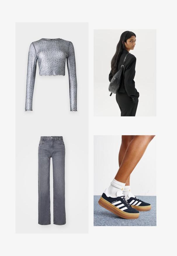 Top lungo a manica con rete argentata e orlo accorciato, caratterizzato da un motivo a stampa leopardata e bordi ondulati sui polsini e sul fondo.; Jeans grigi ampi realizzati in denim con una finitura liscia, dotati di chiusura con bottone e zip, e cinque tasche.; Sneakers in pelle scamosciata nera con strisce e dettagli bianchi, punta arrotondata, suola in gomma color gomme, abbinate a calzini bianchi a coste alla caviglia.; Donna con lunghi capelli scuri, vestita con un completo nero, che porta una borsa a tracolla in pelle nera, mentre guarda oltre la spalla su uno sfondo bianco.