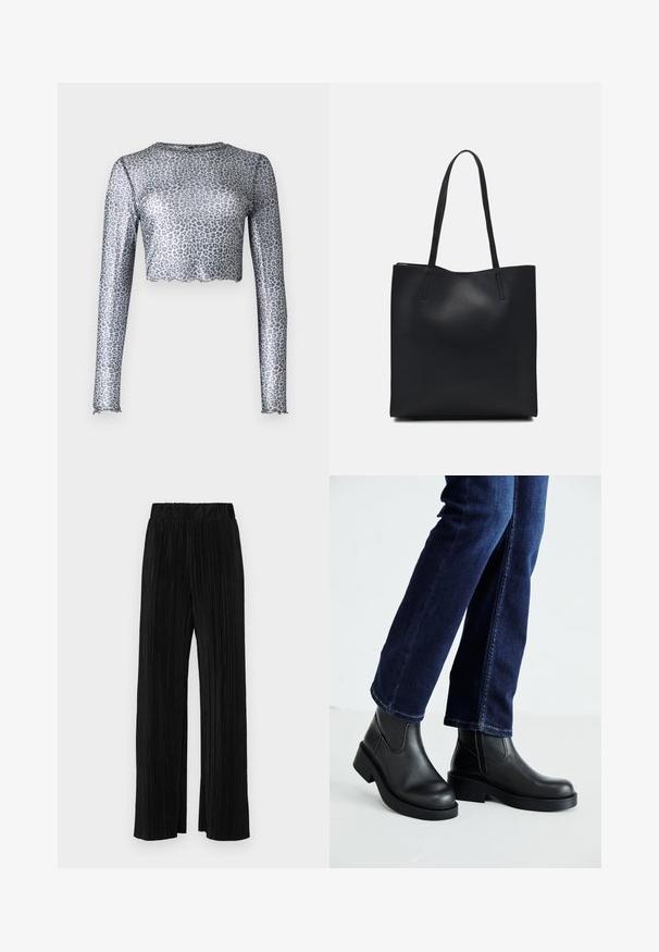 Top lungo a manica con rete argentata e orlo accorciato, caratterizzato da un motivo a stampa leopardata e bordi ondulati sui polsini e sul fondo.; Pantaloni neri a plissé con vita elasticizzata. Presentano gamba ampia e un tessuto liscio e texture con strisce verticali.; Stivali neri in pelle alla caviglia con suola spessa e pannelli elastici laterali, abbinati a jeans blu scuro. Il terreno è di colore chiaro.; Borsa tote in pelle nera con texture liscia, forma rettangolare e due manici lunghi. Nessun hardware o decorazione visibile.