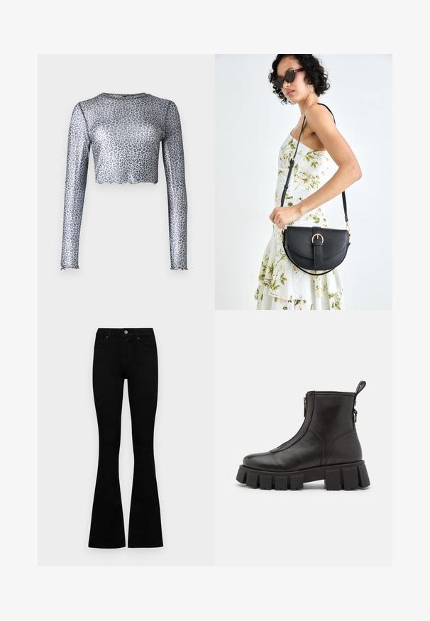 Bluză lungă din plasă argintie cu mâneci lungi și tiv scurt, având un model cu imprimeu leopard și margini ondulate la manșete și la partea de jos.; Jeans negri cu talie înaltă, cu închidere prin nasture și fermoar, buzunare frontale și picioare evazate, așezați pe un fundal alb.; Cizme negre din piele cu glezna, cu o talpă groasă și striată, închidere cu fermoar pe lateral și un tab de prindere în spate. Textură netedă și design minimalist.; Geantă din piele neagră, cu o formă curbată, curea detașabilă și accesorii aurii. Geanta are un capac cu un detaliu tip cataramă.