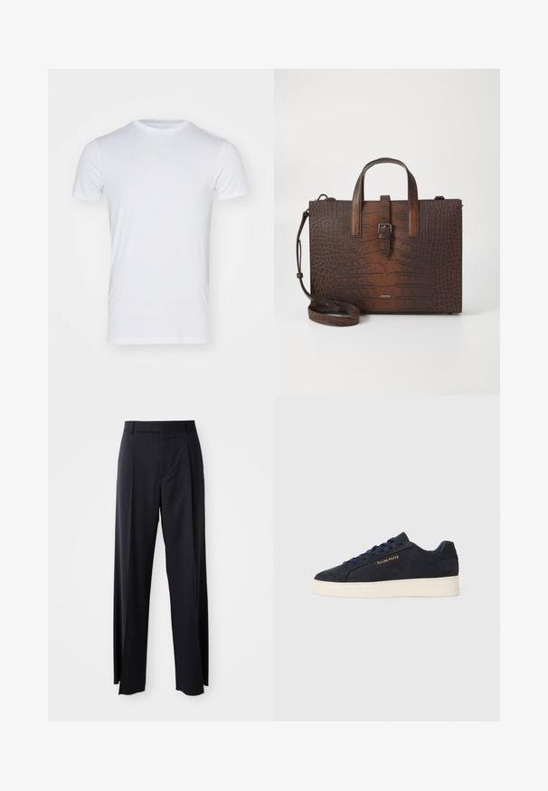 Balta medvilnės marškinėliai su apvalia iškirpte, trumpomis rankovėmis ir lygiu paviršiumi. Nėra jokios raštų ar papildomų akcentų.; Juodi, aukštai užtraukiami kelnių modeliai su plačiomis kojomis, pagaminti iš lygaus audinio. Yra priekiniai raukšlės ir diržo kilpos. Minimalistinio dizaino, be matomų detalių.; Tamsiai mėlynos zomšos žemos batai su balta siaura, tamsiai mėlynais raišteliais ir auksiniu logotipu „Filling Pieces“ šone.; Rudos krokodilo rašto odos rankinė su viršutinėmis rankenomis ir nuimamu peties dirželiu. Yra sagties užsegimas ir stačiakampis pavidalas.