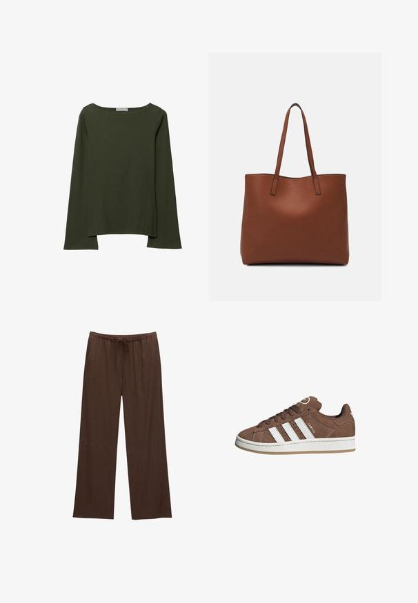 Długi rękaw w ciemnozielonym kolorze, wykonany z miękkiego materiału, z szerokim dekoltem o okrągłym kształcie i lekko luźnym kroju z bocznymi rozcięciami na dole.; Brązowe spodnie szerokie wykonane z miękkiego materiału, z elastycznym paskiem w talii i sznurkiem, oraz dwiema bocznymi kieszeniami.; Brązowe zamszowe sneakersy z białymi skórzanymi paskami, gumową podeszwą, zaokrąglonym noskiem i sznurowanym przodem. Posiadają logo na języku i perforowane akcenty.; Brązowa skórzana torba tote o gładkiej fakturze, z otwartym wierzchem i dwoma ramiączkami. Charakteryzuje się minimalnym przeszyciem i brakiem widocznych elementów metalowych.