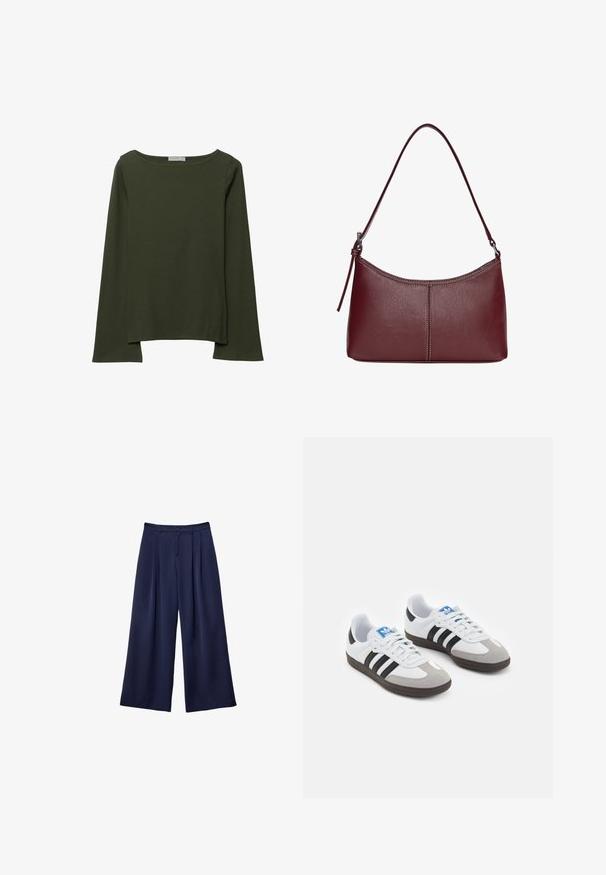 Maglietta a maniche lunghe di colore verde scuro, realizzata in tessuto morbido, con un ampio scollo a barca e una vestibilità leggermente ampia con spacchetti laterali all'orlo.; Pantaloni a gamba larga blu navy con pieghe, vita con bottoni e passanti per cintura, mostrati distesi su uno sfondo bianco.; Scarpe sportive con tomaia in pelle bianca, punta in suede grigia e tre strisce nere. Presentano un logo blu sulla linguetta e una suola in gomma testurizzata.; Borsa a tracolla in pelle bordeaux con forma curvata, una sola tracolla e dettagli cuciti al centro. Texture liscia, hardware minimale.