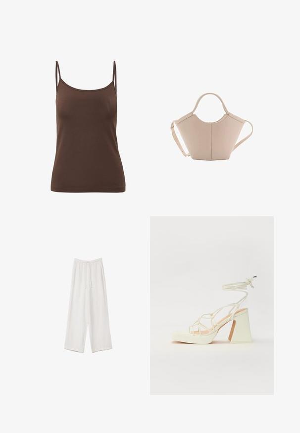Brown, fitted camisole top made from smooth fabric, featuring thin straps and a rounded neckline, with a seamless hem for a clean finish.; White wide-leg trousers made from a lightweight fabric. Features an elastic waistband with a drawstring and side pockets. Smooth texture.; White high-heeled sandal with a chunky heel, featuring a strappy design and ankle tie. Smooth texture with a platform front for added height.; Beige leather handbag with a unique shape, featuring two short handles and a long adjustable strap. Smooth texture with minimal hardware.