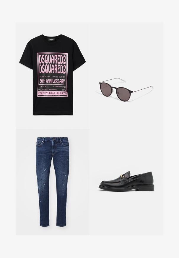 Schwarzes Baumwoll-T-Shirt mit großem pinkfarbenem Grafiktext. Das Design enthält Veranstaltungsdetails in unterschiedlichen Schriftgrößen und zusätzliche Informationen am unteren Rand.; Dunkelblaue Denim-Jeans mit schlankem Schnitt, die Farbkleckse, sichtbare Nähte und ein klassisches fünf-Taschen-Design aufweisen. Gerader Beinansatz.; Schwarze Lederleter mit einer abgerundeten Zehenpartie, ausgestattet mit goldenen Hardwareakzenten und Stichdetails, auf einer niedrigen, strukturierten Gummisohle.; Schwarze runde Sonnenbrille mit dunklen Gläsern und schlanken Metallbügeln. Enthält klare Tempelspitzen und silberne Akzente am Scharnier. Minimalistisches Design.