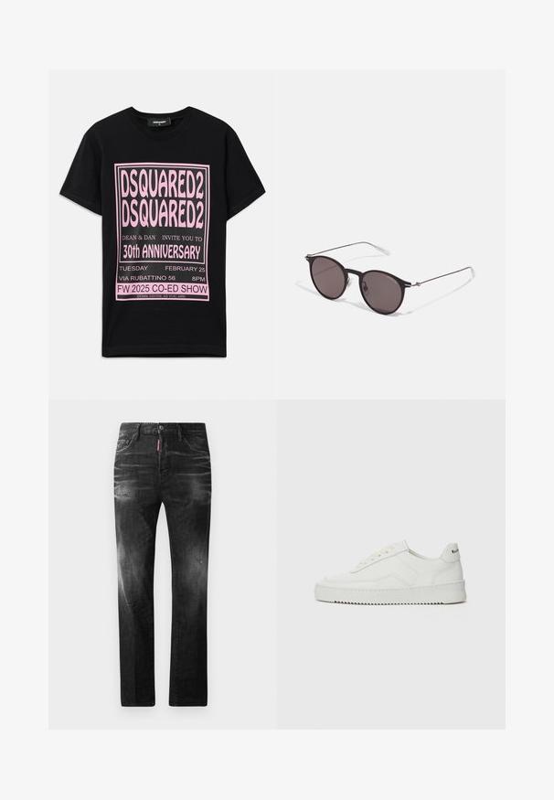 Fekete pamut póló, nagy rózsaszín grafikus szöveggel. A design tartalmazza az esemény részleteit eltérő betűméretekben, és további információk találhatók az alján.; Fekete farmernadrág egyenes szabással. Fakadó területek, kisebb kopások, klasszikus öt zsebes kialakítás és gombos zárás jellemzi.; Fehér bőr sportcipő sima felülettel, kerek orral, lapos fűzőkkel és texturált talppal. Finom logó található a sarokon.; Fekete kerek napszemüveg sötét lencsékkel és karcsú fém szárakkal. Átlátszó szárvégeket és ezüst részleteket tartalmaz az ívnél. Minimalista dizájn.