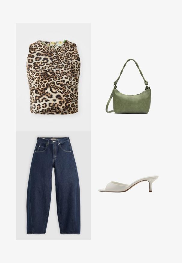 Top bez rukávov s leopardím vzorom vyrobený z jemnej látky, s okrúhlym výstrihom a vnútorným podšívaním s kvetinovým vzorom.; Tmavomodré džíny z denimu s voľným strihom, svetlým šitím, piatimi vreckami a zapínaním na gombík v páse.; Biele sandále na vysokom podpätku otvorené na špičke s hladkým povrchom, minimalistickým dizajnom a štíhlym podpätkom, s jemným hnedým akcentom na podrážke.; Zelená kožená kabelka s hladkým povrchom, zakriveným tvarom a vrkočovou rúčkou. Obsahuje zipsový uzáver a nastaviteľný popruh.