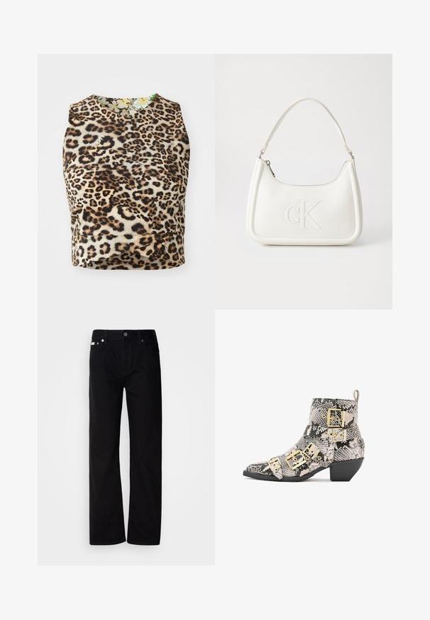 Top bez rękawów w panterkę, wykonany z miękkiego materiału, z okrągłym dekoltem i wewnętrzną podszewką w kwiatowy wzór.; Czarne dżinsowe spodnie straight-leg z pięcioma kieszeniami, srebrnymi nity i zapięciem na guziki. Materiał ma gładkie, lekko teksturowane wykończenie.; Botki w wężowy wzór w czarno-białych odcieniach. Posiadają złote zapięcia, spiczasty czubek oraz niski słupkowy obcas. Teksturowana powierzchnia.; Biała skórzana torebka o zaokrąglonym kształcie, z wytłoczonym logo "CK" z przodu i pojedynczym paskiem na ramię. Zapięcie na zamek z góry.