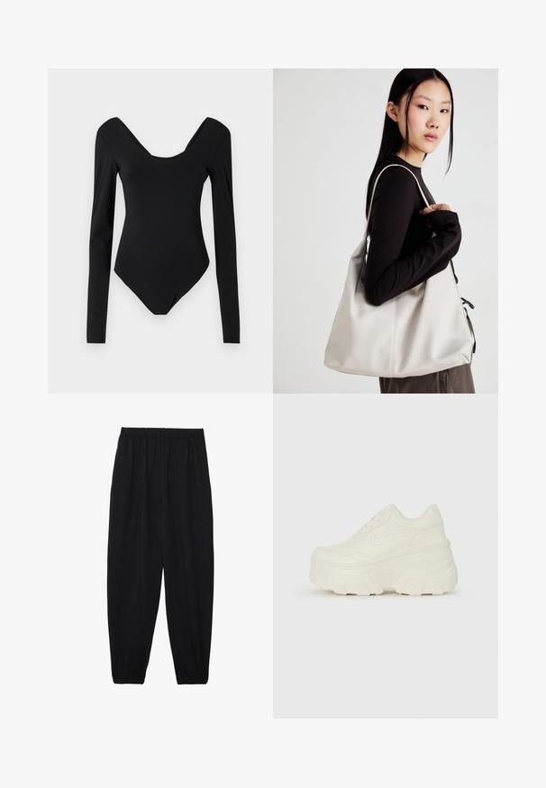 Fekete, hosszú ujjú bodi, mély kerek nyakkivágással, sima, rugalmas anyagból készült, testhez simuló kialakítással és minimális varrásokkal.; Fekete, könnyű nadrág elasztikus derékkal és ráncolt bokákkal. Az anyag sima és laza, szűkített dizájnnal rendelkezik.; Fehér platform sportcipők, sima bőrszerű felsőrésszel, kerek formával, párnázott bokával és texturált gumitalppal, jól definiált mintázattal.; Puha anyagból készült bézs kézitáska, laza dizájnnal, varrott részletekkel és két vállpánttal. Mindennapi használatra alkalmas.