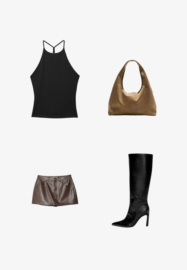 Sort halterneck-top med høj krave og tynde stropper. Glat stof uden synlige mønstre eller udsmykninger. Let udvidet design.; Brun læder mini-nederdel med en glat tekstur, bæltestropper, forlommer og knaplukning i taljen.; Knæhøj sort læderstøvle med spids tå, høj stiletthæl, glat finish og et enkelt, strømlinet design uden pynt.; Brun stof skuldertaske med en bred, rundet krop og et stort udsnit håndtag. Blød tekstur, minimalistisk design og ingen synlig hardware.