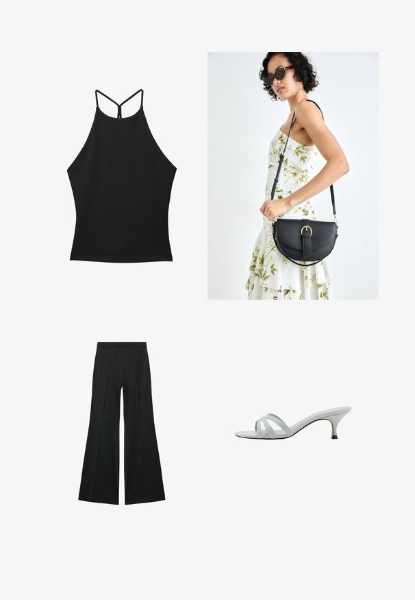 Top negru cu bretele subțiri și guler înalt. Material neted fără modele sau embellismente vizibile. Design ușor evazat.; Pantaloni negri cu croială largă, având o textură netedă, cu pliseuri frontale și un design croit. Materialul este ușor și fluid.; Sandale cu toc gri deschis, cu trei curele încrucișate, un profil subțire și un toc îngust. Textură netedă cu un finisaj ușor lucios.; Geantă din piele neagră, cu o formă curbată, curea detașabilă și accesorii aurii. Geanta are un capac cu un detaliu tip cataramă.