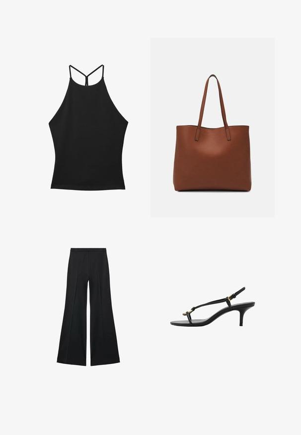 Zwarte haltertop met een hoge halslijn en dunne bandjes. Gladde stof zonder zichtbare patronen of versieringen. Licht uitlopende snit.; Zwarte wijde-pijpen broek met een gladde textuur, gekenmerkt door voorplooien en een op maat gemaakte uitstraling. De stof is lichtgewicht en vloeiend.; Zwarte leren kitten heel sandaal met dunne banden, gouden gesp en minimalistische teenlus op een witte achtergrond.; Bruine leren tote bag met een gladde textuur, een ontwerp met een open bovenkant en twee schouderbanden. Kenmerkt zich door minimale stiksels en geen zichtbare hardware.