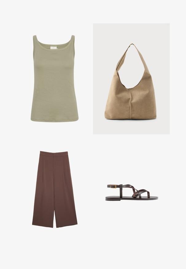 Olive green cotton tank top with a scoop neckline, slim fit, and no visible patterns. Smooth texture, finished with straight hemline.; Brown wide-leg trousers with a smooth texture, featuring a high waist and front pleats. The fabric is lightweight and flows loosely.; Brown leather sandal featuring crisscross straps, an ankle buckle closure, and a flat sole with minimal stitching details.; Hobo bag in soft beige suede with a slouchy shape, wide shoulder strap, and a hand-stitched seam detail along the front.