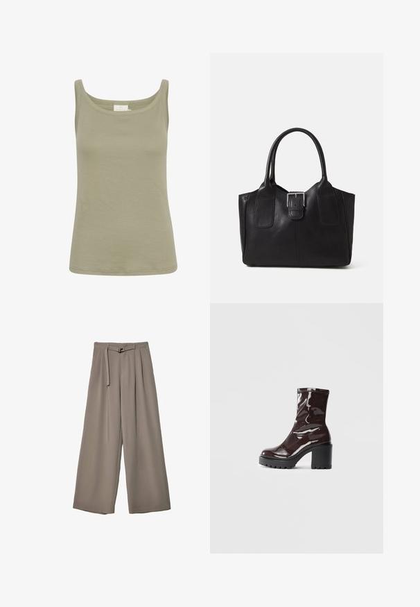 Top in cotone verde oliva, senza maniche, con scollo rotondo, vestibilità slim e senza motivi visibili. Texture liscia, con orlo dritto.; Pantaloni a gamba larga in un morbido tessuto grigio tenue, con vita con cintura e pieghe per un tocco di design aggiuntivo. Texture liscia, senza motivi.; Stivale alla caviglia bordeaux lucido con un tacco spesso nero, caratterizzato da una superficie liscia e un design semplice. Nessuna chiusura visibile o motivo.; Borsa tote in pelle nera con texture liscia, forma strutturata, due manici e un evidente dettaglio in fibbia argentata sul davanti.