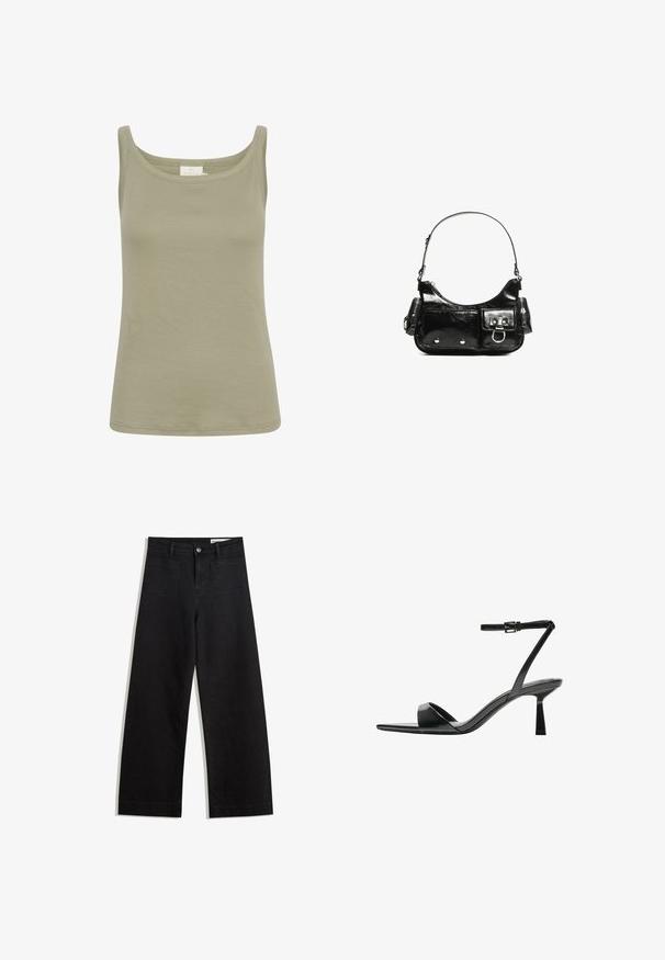 Olive green cotton tank top with a scoop neckline, slim fit, and no visible patterns. Smooth texture, finished with straight hemline.; Black wide-leg denim pants with a high waist, featuring front and back pockets, stitched seams, and a button closure. Smooth texture.; Bershka High heeled sandals - black; Black patent leather handbag with a curved shape, one shoulder strap, front pockets, and silver-tone hardware accents.