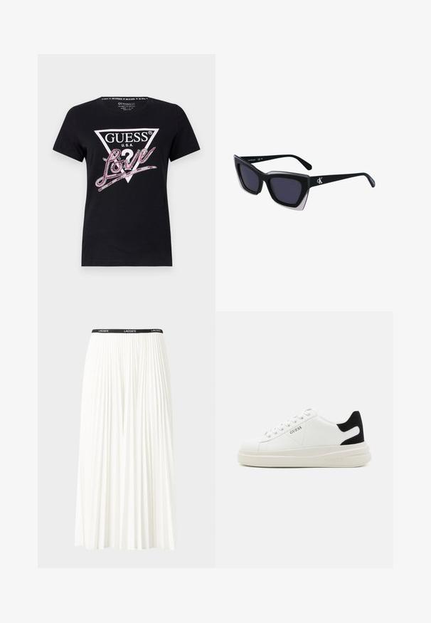 Sort bomulds t-shirt med en trekantet logo og teksten "GUESS U.S.A." og "Love" i lyserøde rhinsten på forsiden.; Plisseret hvid nederdel med en sort elastisk talje, der har "LACOSTE"-logoet. Mellemlang design med blød tekstur.; Hvide lædersneakers med en tyk hvid sål, sort ruskindhælvægt og prægede logoer på siden. Snørebåndsdesign med seks øjer.; Store sorte oversized solbriller med geometrisk form, med mørke linser og en kontrasterende grå detalje på stellet. Logo på armen.
