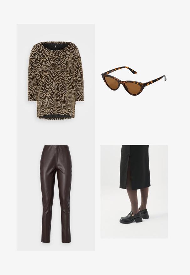 Top cu model de zebra, cu guler rotund, scheme de culori alb-negru și auriu, mâneci lungi și croială lejeră, realizat dintr-un material moale și texturat.; Leggings din piele ecologică maro cu o textură netedă, talie înaltă și croi îngust. Prezintă un design elegant fără cusături vizibile sau embellishements.; Pantofi din piele neagră cu vârful rotund, toc bloc gros și accente elastice pe lateral, asortați cu colanți închiși la culoare și o fustă neagră cu o fanta.; Ochelari de soare în stil cat-eye, cu o ramă din material cu tortoiseshell negru și portocalie, lentile maro și vârfuri elegante, ascuțite. Prezintă un logo minimal pe brățara ochelarilor.