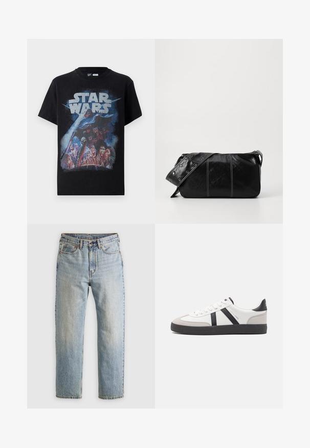 Black cotton t-shirt featuring a colorful "Star Wars" graphic print, showcasing Darth Vader and various characters against a space backdrop.; Light blue denim jeans with high waist, front button, zipper, and five-pocket design, laid flat on a neutral background.; White sneaker with black and gray accents, featuring a textured gray toe cap, black rubber sole, and flat white laces. Clean design, minimalist style.; Black leather shoulder bag with a zip closure, featuring a textured body, white stitching, and a strap with silver grommets.