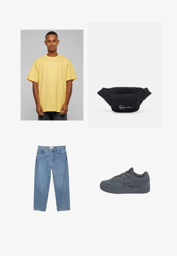 Sárga, pamut, oversized póló rövid ujjakkal, elöl fehér aláírás logóval és kerek nyakkivágással.; Világoskék farmernadrág, egyenes szárú fazonnal, öt zsebes kialakítással és látható márkás címkével a derekán.; Karl Kani Sportcipő - grey black; Fekete szövet övtáska két cipzáros zsebbel. Sima textúrájú, az elülső zseben fehér hímzett logó található.