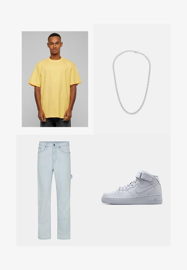 Geltona medvilninė didelio dydžio marškinėliai su trumpomis rankovėmis, priešingoje pusėje su baltu parašu logotipu ir apvaliu iškirpimu.; Šviesiai mėlynos džinsinės kelnės, tiesaus kirpimo, su mygtuko uždarymu, penkiomis kišenėmis ir šoniniais kilpeliais patogumui.; Aukšti pilki Nike Air Force 1 sportbačiai su odiniu viršumi, paminkštintu apykakle ir Velcro dirželiu. Ikoniškas dizainas pasižymi perforuota pirštų dėvės dalimi.; Sidabrinė metalinė grandinėlė su tarpusavyje susijungiančiomis jungtimis ir saugiu užsegimu, lygi tekstūra, tolygus paviršius ir klasikinis dizainas.