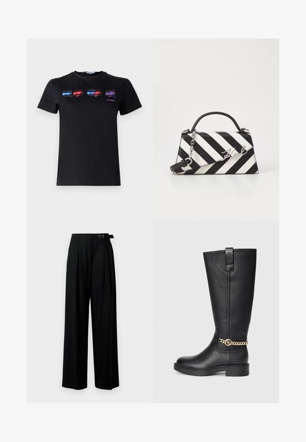 Melnas kokvilnas t-krekls ar četriem grafiskiem attēliem ar kaķiem, kas valkā saulesbrilles sarkanā un zilā krāsā. Īsas piedurknes un apaļa apkakle.; Melni plaši bikses ar augsto jostasvītru, priekšā ar krokojiem un jostu ar sprādzi. Izgatavotas no gludas, vieglas auduma.; Melna ādas ceļgala zābaks ar teksturētu apdari, ar dekoratīvu zelta ķēdes akcentu un platu gumijas zoli.; Melnām un baltām svītrām rotāta rokassoma ar strukturētu formu, ar augšējo rokturi, noņemamu ķēdes siksnu un metāla logotipa akcentu.
