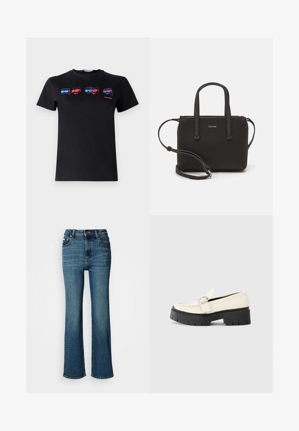 Czarny bawełniany t-shirt z czterema graficznymi wzorami kotów w okularach przeciwsłonecznych w kolorze czerwonym i niebieskim. Krótkie rękawy i okrągły dekolt.; Jeansy w kolorze niebieskim z wysokim stanem, wykonane z denimu, z prostym krojem nogawki, subtelnym efektem blaknięcia oraz standardowym zapięciem na guzik i zamek błyskawiczny.; Białe skórzane mokasyny z grubą czarną platformą, z prostokątną srebrną klamrą i widocznym przeszyciem na cholewce.; Czarna torebka z dwoma krótkimi uchwytami i odpinanym paskiem na ramię. Gładki materiał przypominający skórę, z zamkiem błyskawicznym i detalem z logo.