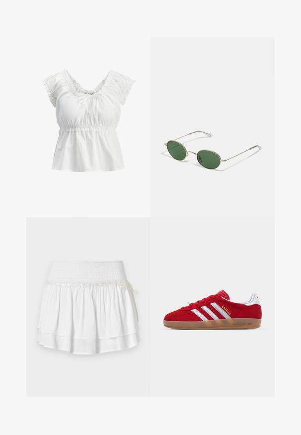 Blusa bianca in cotone con scollatura ampia, maniche a cappuccio arricciate e vita elasticizzata. Presenta un dettaglio con nodo frontale e una texture liscia.; Gonna bianca a strati con vita elastica, caratterizzata da un dettaglio in smocking testurizzato e un nastro decorativo. Tessuto di cotone.; Sneaker in suede rosso con design a tre strisce bianche e testo "Gazelle" in oro. Presenta una suola in gomma color cuoio e un tallone testurizzato.; Occhiali da sole con montatura dorata, lenti ovali verdi e aste in metallo sottili. Presentano estremità in plastica trasparente sulle aste per maggiore comfort.; Borsa a tracolla in paglia intrecciata con dettagli in pelle marrone, due manici e una tracolla removibile. Forma curva con una base solida.