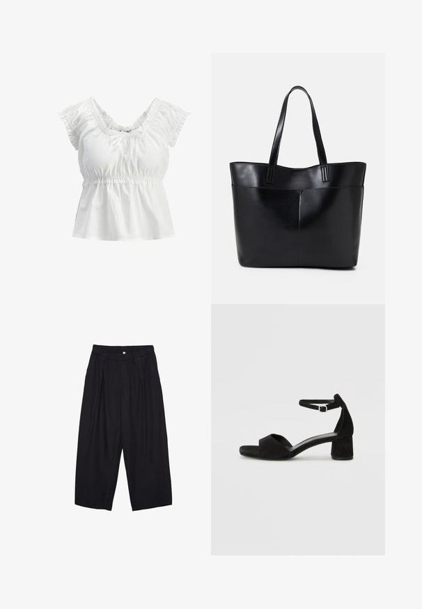 Bílá bavlněná blůza s širokým výstřihem, nařasenými krátkými rukávy a elastickým páskem. Obsahuje přední detailem s uzlem a hladkou strukturu.; Černé polyesterové culotte kalhoty s elastickým pasem, dvěma předními sklady a volným siluetou. Žádné viditelné vzory ani kovové detaily.; Černé sametové sandály na podpatku s tenkým řemínkem kolem kotníku, otevřenou špičkou a skromným blokovým podpatkem. Hladká textura a minimální akcenty.; Černá kožená taška s dlouhými ušima, hladkým povrchem a strukturovaným tvarem. Obsahuje přední kapsu pro další úložný prostor.