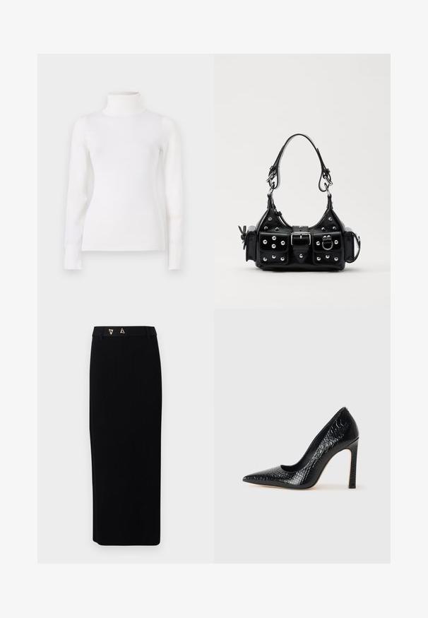 Witte coltrui, aansluitende pasvorm, lange mouwen, zachte textuur, gladde stof, minimale details, ribgebreide boorden en kraag.; AERON FORUM - Kokerrok - black; Zwarte puntige hoge hak schoen met een krokodillenleren textuur, met een slank ontwerp, hoge stiletto-hak, en een gladde zwarte binnenkant.; Zwarte lederen handtas met een gebogen ontwerp, voorzien van zilveren studs, een gesp en twee zijvakken. Verstelbare schouderband voor verschillende draagmogelijkheden.
