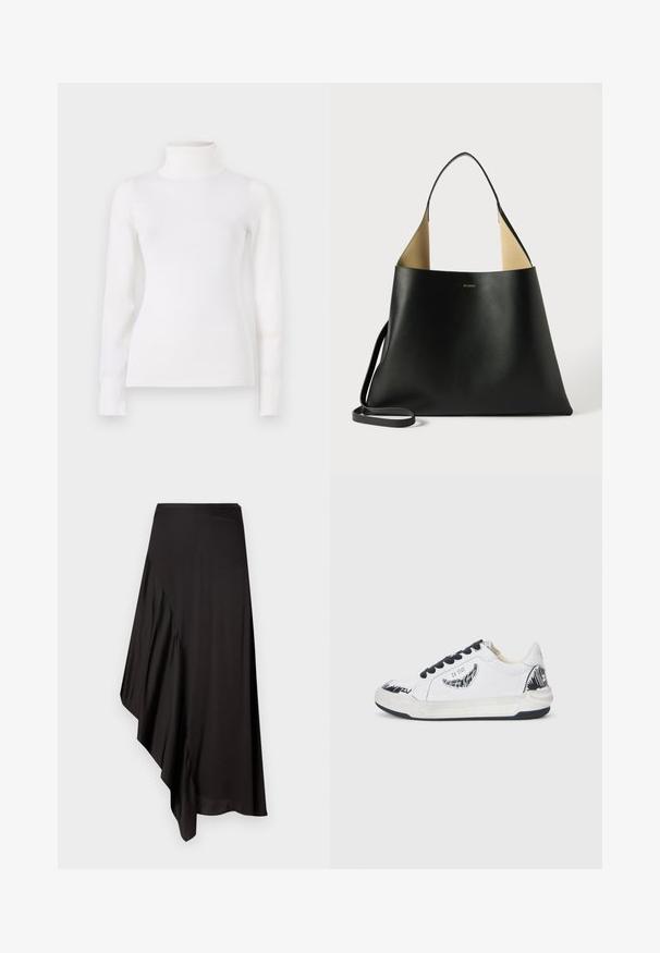 White turtleneck sweater, form-fitting design, long sleeves, soft texture, smooth fabric, minimal detailing, ribbed cuffs and collar.; AERON ASTER SKIRT - Pencil skirt - black; White sneaker with black accents, featuring a textured design on the side, black laces, and a rubber sole. Logo and artwork on the upper.; Black leather tote bag with a spacious, angular design. Features a contrast tan interior and thin shoulder strap. Minimalist branding displayed.