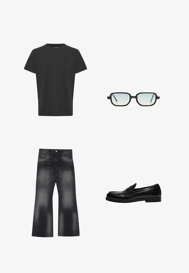 Sort T-shirt med korte ærmer i bomuldsstof. Har en rund halsudskæring og et lille logo i øverste venstre hjørne, glat tekstur.; Sorte denim flared jeans med en falmet vask, fem lommer og kontrastsyning, med en let bred benåbning.; Sorte læder loafers med en glat overflade, der har en syning detalje på vampen og en lav, solid sort gummisål.; Sorte solbriller med en oktagonal ramme og gradient blå linser. Tykke stænger med en glat overflade. Minimalistisk design, uden synlige logoer.
