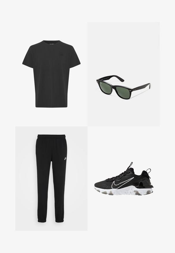 Camiseta negra de manga corta en tejido de algodón. Presenta un cuello redondo y un pequeño logo en la esquina superior izquierda, con una textura suave.; Pantalones de chándal negros con una cintura elástica, tobillos ajustados y un pequeño logo blanco de Nike en el lado izquierdo. Hechos de una tela suave y texturizada.; Zapatilla deportiva negra con un upper de tela texturizada, swoosh blanco de Nike y suela blanca gruesa. Cuenta con un tirador en el talón para facilitar el uso.; Gafas de sol de plástico negro con lentes verdes, montura cuadrada, acento plateado en la ceja y brazos texturizados. Marca indicada en el brazo interno.