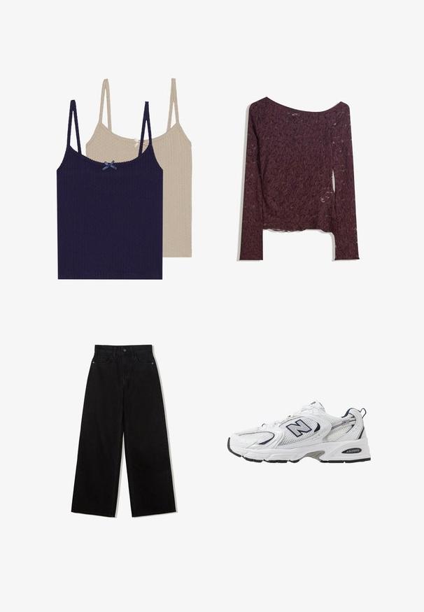 Zwei gerippte Spaghetti-Topps, eines in Marineblau mit einer blauen Schleife und eines in Creme mit einer silbernen Schleife, ausgestattet mit verstellbaren Trägern und einer strukturierten Oberfläche.; Spitzenbluse mit langen Ärmeln in tiefem Burgund, mit schulterfreiem Design, floralen Mustern und einer leicht durchsichtigen Textur sowie geradem Saum.; Schwarze, weit geschnittene Jeans aus Denim mit hoher Taille, die ein Fünf-Taschen-Design und einen einzelnen Knopfverschluss vorne aufweist.; Weißer Sportschuh mit Mesh-Obermaterial, navyblauen Akzenten und gepolsterter Sohle. Verfügt über das "N"-Logo, Schnürsenkel und eine strukturierte Detailverarbeitung an der Seite.