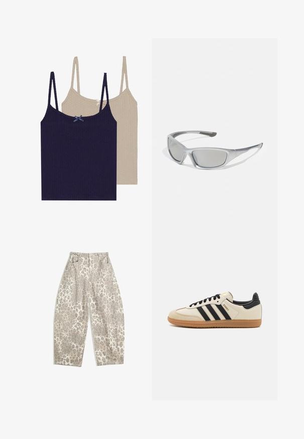 Twee geribbelde cami-toppen, één marineblauw met een blauwe strik en één crème met een zilveren strik, met verstelbare banden en een gestructureerde afwerking.; Leopardprint broek in een lichtbeige kleur, met een hoge taille, brede pijpen en twee voorkruiszakken. Gemaakt van een soepel materiaal.; Beige sportieve schoen met zwarte strepen, gumrubberen zool en zwarte accenten. Beschikt over een gladleren bovenkant en een ronde neusdesign.; Grijze zonnebril met een slank, lichtgewicht kunststof montuur. Beschikt over getinte grijze lenzen en textuuraccenten aan de zijkanten voor extra grip.; Zwarte en zilveren adidas-handtas met een gladde textuur, voorzien van een glanzend gestofd patroon en een onderscheidend gebogen ontwerp.