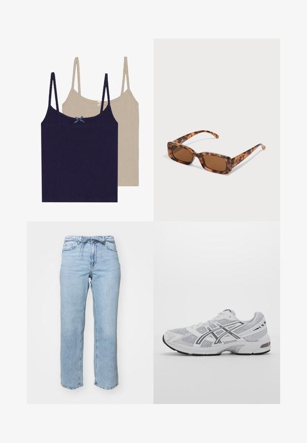To ribbede cami-toppe, en navy med blå sløjfe og en creme med sølv sløjfe, begge med justerbare stropper og en struktureret finish.; Lysblå denimjeans med en afslappet lige benudskæring, fem lommer og en talje med bæltestropper. Slidt finish med subtil fading.; Hvide mesh sportssko med grå detaljer, struktureret design, snøresystem, polstret krave og gummisål for bedre greb.; Skildpaddemønster solbriller med rektangulære brune linser, en tyk ramme og slanke arme med et mønster af varierende nuancer af brune.; Sølv hoop øreringe med en glat, poleret overflade. Rund form og sikker klik-lukning. Letvægtsdesign, der er velegnet til hverdagsbrug.