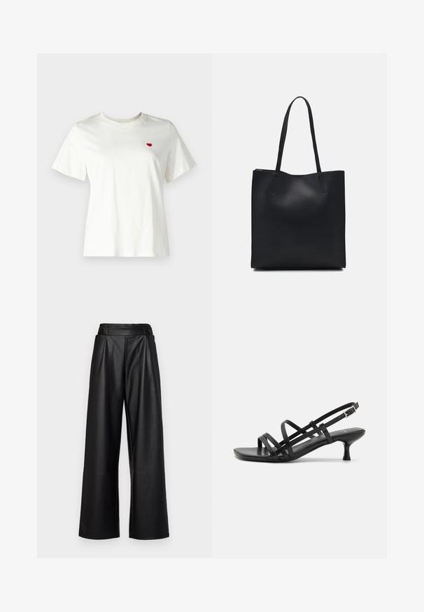 Hvid bomuld t-shirt med korte ærmer og rund hals, med et lille rødt hjerte broderet på venstre brystområde.; Sorte, vide bukser lavet af læder, med høj talje, plisseringer og to runde knapper foran til lukning.; Sorte hælede sandaler med flere krydsede stropper. Glat materiale, spids tå og smal hæl. Justerbar ankelrem med spænde.; Sort læder tote taske med glat tekstur, rektangulær form og to lange hanke. Ingen synlig hardware eller udsmykninger.