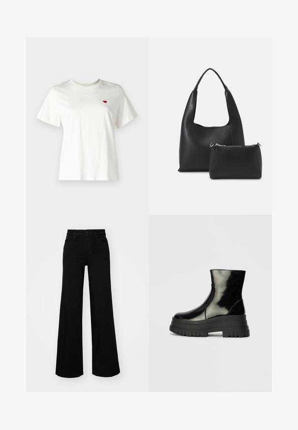 Valge puuvillane T-särk, millel on lühikesed varrukad ja ümmargune kaelus, vasakule rinnaosale on tikitud väike punane süda.; Mustad mustad püksid, mis on valmistatud denimist, struktuurse vöökohtade, vöökootidega ja esikottidega. Sile tekstuur klassikalise disainiga.; Must mustakate läikiv ankle boot paksu lõkkeka üle ja ümarate varvastega, külgvaates halli ühtlase taustal.; Even&Odd Käekott - black