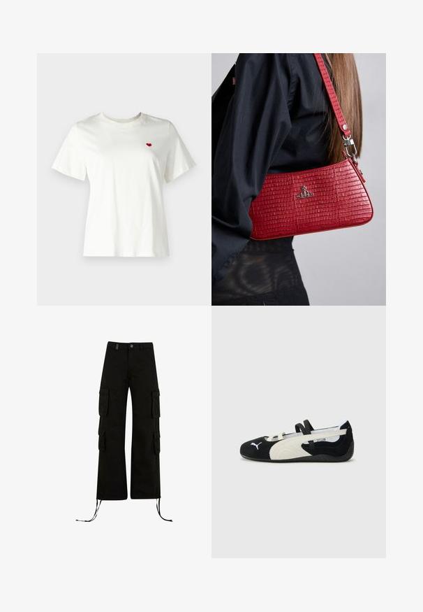 Bijela pamučna majica s kratkim rukavima i okruglim izrezom, s malim crvenim srcem vezom na lijevoj strani prsnog koša.; Crne cargo hlače s opuštenim krojem, s cargo džepovima sa strane, rubovima na vezanje i kopčanjem na dugme u struku.; Crne i krem cipele izuzetno lagane težine s nubuk gornjištem, ravnim đonom, elastičnim trakama i malim logotipom na prstima.; Crvena torba s uzorkom krokodila, elegantnog trokutastog oblika, s odvojivim remenom, srebrnim metalnim dodacima i detaljem s logotipom.