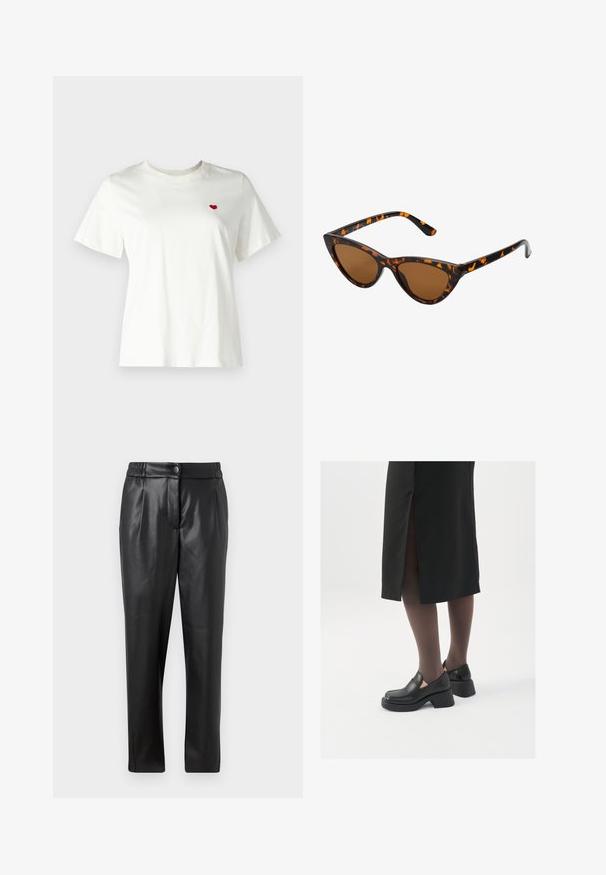 Valkoinen puuvillapaita, jossa on lyhyet hihat ja pyöreä kaula-aukko, vasemmalla rinnalla pieni punainen sydän brodeerattuna.; Mustat nahkahousut, joissa on sileä pinta, suora leikkaus, joustava vyötärö ja etupainike; poimutettu yksityiskohta ja suppilomaiset lahkeet.; Mustat nahkakengät pyöreällä kärjellä, paksulla lohkopohjalla ja joustavilla sivuakkesseilla, yhdistettynä tummiin sukkahousuihin ja mustaan hameeseen, jossa on halkio.; Kattöga solglasögon med en svart och orange sköldpaddsmönstrad båge, bruna linser och slanka, spetsiga spetsar. Har en minimal logotyp på skalmen.