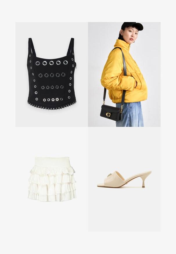 Top senza maniche nero con numerosi occhielli argentati disposti in file, accompagnati da un dettaglio di catena decorativa lungo l'orlo. Tessuto liscio.; Gonna bianca con ruches e vita arricciata. Presenta volant sovrapposti in tessuto trasparente che creano un aspetto texturizzato e fluttuante.; Mule sandal aperto in pelle verniciata beige con tacco stiletto basso. Presenta un accento decorativo centrale sulla parte superiore. Finitura liscia e lucida.; Giacca gialla imbottita con colletto alto e tasca anteriore, abbinata a una borsa a tracolla nera con dettagli in oro. Pantaloni in denim casual.