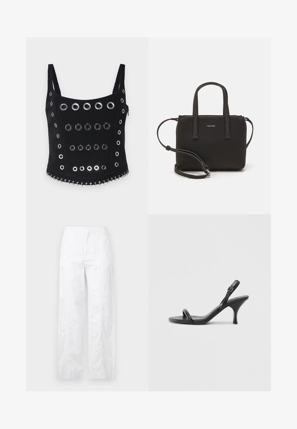 Black sleeveless top featuring multiple silver grommets arranged in rows, with a decorative chain detail along the hem. Smooth fabric.; White wide-leg trousers made of lightweight fabric, featuring a smooth texture, clean lines, and a high waist design.; Black leather high-heeled sandals with a slim, curved heel and a crossed strap design. Adjustable ankle strap. Smooth texture.; Black handbag with dual short handles and a removable shoulder strap. Smooth leather-like material with a zip closure and logo detail.