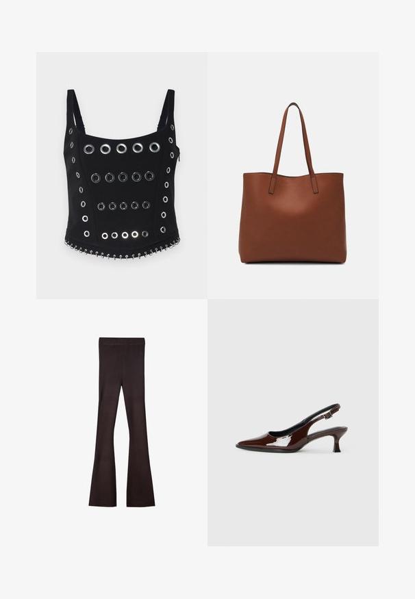 Černý bezrukávový top s mnoha stříbrnými očky uspořádanými do řad, s dekorativním řetízkovým detailem podél lemu. Hladký materiál.; Bershka Kalhoty - dark brown; Hnědé lakované kožené slingback boty s špičatou špičkou a mírným podpatkem. Disponují přezkou pro bezpečné upevnění. Hladký povrch.; Hnědá kožená taška přes rameno s hladkou texturou, otevřeným designem a dvěma ramenními popruhy. Obsahuje minimální švy a žádné viditelné kovové prvky.