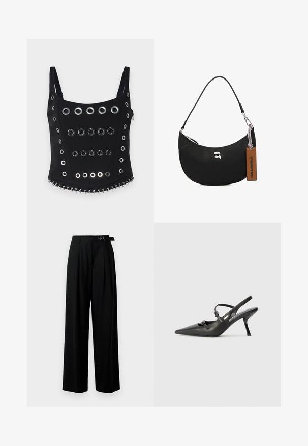 Top senza maniche nero con numerosi occhielli argentati disposti in file, accompagnati da un dettaglio di catena decorativa lungo l'orlo. Tessuto liscio.; Pantaloni neri a gamba larga con vita alta, pieghe nella parte anteriore e una cintura con fibbia. Realizzati in tessuto liscio e leggero.; Scarpe slingback nere in pelle con punta affilata, tacco sottile e dettaglio decorativo a fibbia sulla tomaia. Texture liscia e design elegante.; Borsa a tracolla nera in pelle con texture martellata, forma curva, chiusura superiore con zip, hardware color argento e un'etichetta marrone. Presenta un accento con logo.