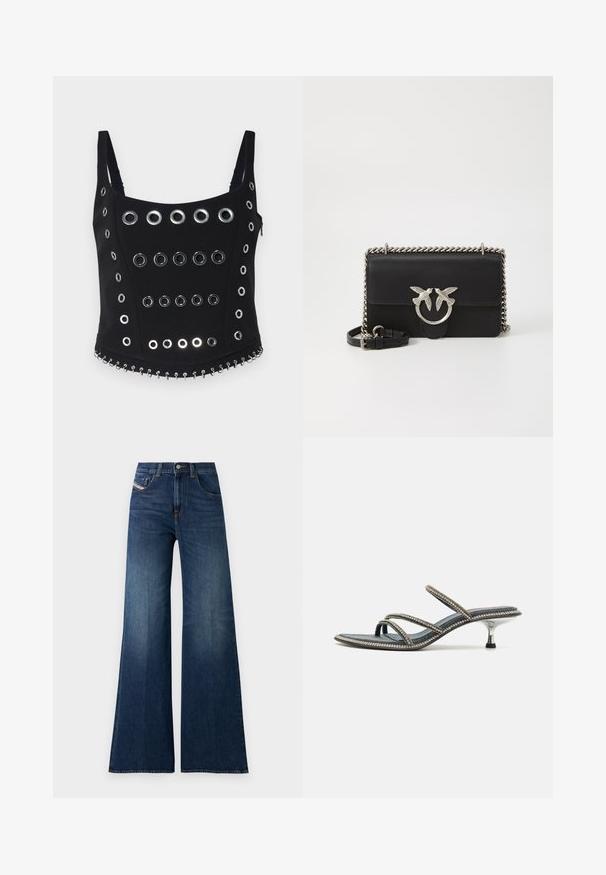 Fekete, ujjatlan felső, több ezüst fémgyűrűvel, amelyek sorokban vannak elhelyezve, díszítő lánc részlettel az alján. Simább anyag.; Magas derekú, sötétkék, bő szárú farmer, elülső és érmés zsebekkel, gombos záródással és finom kopásokkal a combokon.; Denim szandál három vékony pánttal, amelyeket strasszok díszítenek, hegyes orral és fémes, tűs sarkú kialakítással. Csúszásmentes talp.; Fekete bőr keresztpántos táska ezüst színű madármotívummal, lánc díszítéssel és állítható pánttal. Sima textúra, kompakt téglalap alak.