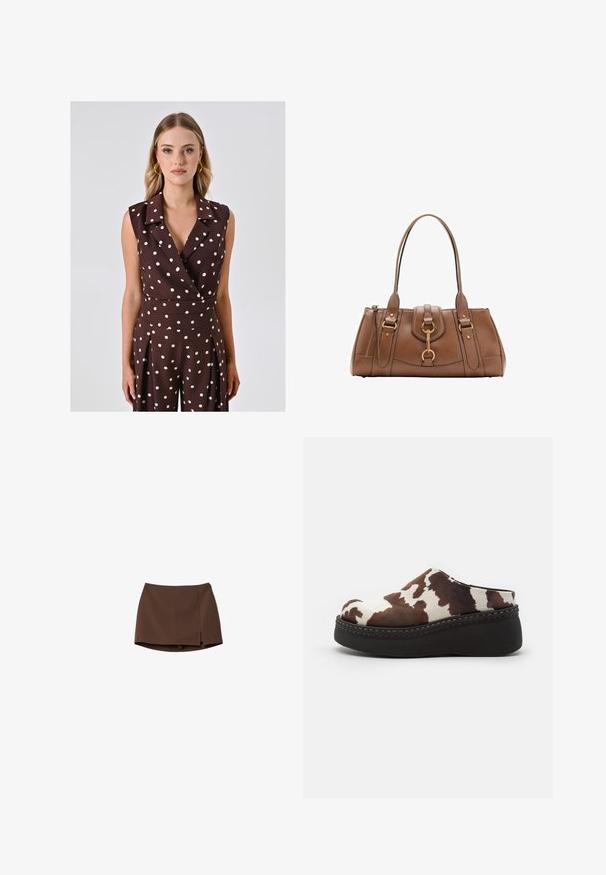 Jumpsuit senza maniche marrone con pois bianchi, dotato di colletto, scollo a V e dettagli plissettati in un tessuto morbido.; Gonna marrone realizzata in tessuto liscio, con un taglio dritto e una fessura laterale. Design semplice senza motivi o dettagli in metallo.; Zoccoli a piattaforma con stampa mucca marrone e bianca, con tomaia morbida, punta arrotondata e suola in gomma nera resistente. Dettagli cuciti alla base.; Borsa a mano in pelle marrone con doppi manici, accenti in metallo dorato e design strutturato. Presenta una patta centrale con un dettaglio ad anello.