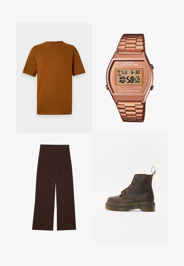 Īsām piedurknēm t-krekls izgatavots no izdegušas apelsīnu krāsas kokvilnas. Tam ir apaļš kakls, brīvs piegriezums un samtains tekstūra bez rakstiem vai rotājumiem.; Brūni plaša kāju bikses ar krokām. Izgatavotas no gluda auduma, ar pielāgotu jostas vidi un sānu kabatām. Lietus piegriezums apakšā.; Brūni ādas potītes zābaki ar noapaļotu purngalu, kontrastējošām dzeltenām šuvēm, dekoratīvām metāla acīm un rievotu gumijas zoli.; Digitālais Casio pulkstenis ar rozā zelta metāla siksniņu, taisnstūra korpusu, apgaismotu displeju un ūdensizturību, kas attēlo laiku un datumu.