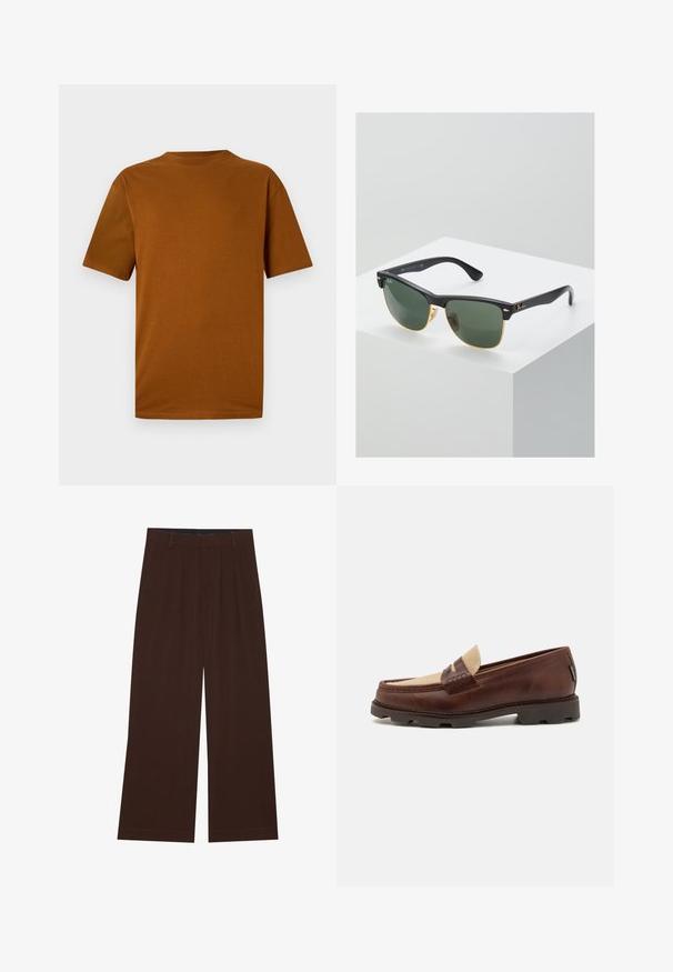 T-skjorte med korte ermer i brent oransje bomull. Har rund hals, avslappet passform og glatt tekstur uten mønstre eller dekorasjoner.; Brune vide benbukser med plisseringer. Laget av et glatt stoff, med skjært midjebånd og sidelommer. Flat kant nederst.; Brune lærloafers med en taupe canvas-accent, syet detalj og en teksturert gummisåle designet for komfort og holdbarhet.; Ray-Ban solbriller med grønne linser, svarte plastikkrammer og gullkanter. Firkantet form med matt finish.