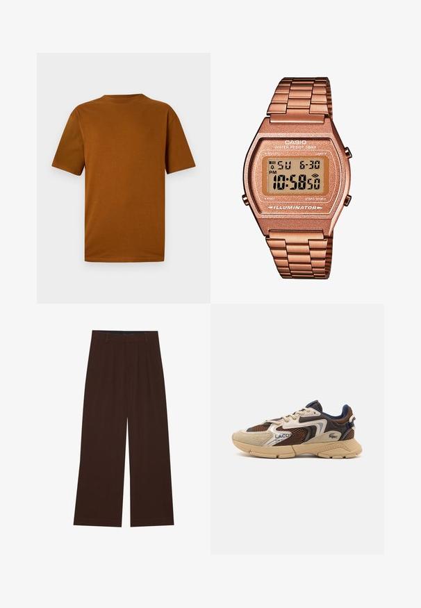 Camiseta de manga corta en algodón color naranja quemado. Presenta un cuello redondo, ajuste relajado y una textura suave sin patrones ni adornos.; Pantalones de pierna ancha marrones con pliegues. Hechos de una tela suave, con una cintura entallada y bolsillos laterales. Dobladillo recto en la parte inferior.; Zapatillas beige y marrón con paneles de malla texturizada, acentos de ante y suela de goma. Presenta un diseño de cordones y detalles de marca.; Reloj digital Casio con una correa de metal en color oro rosa, caja rectangular, pantalla iluminada y resistencia al agua, que muestra la hora y la fecha.